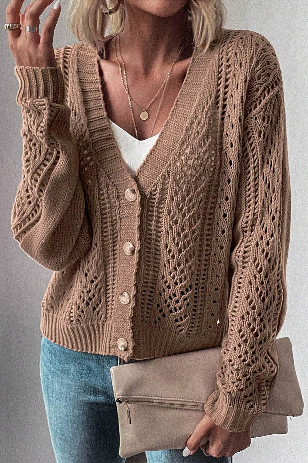 Openwork Button Up Long Sleeve Cardigan Taupe for a perfect OOTD – dress to impress outfits from Amexza