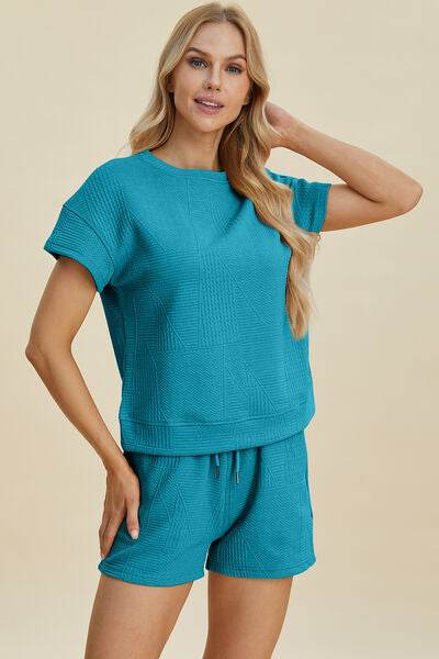 Double Take Full Size Texture Short Sleeve Top and Shorts Set Cerulean for a perfect OOTD – dress to impress outfits from Amexza