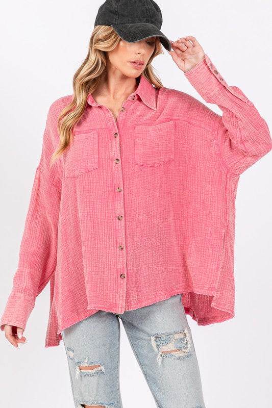 SAGE + FIG Frayed Hem Side Slit Button Down Shirt Pink for a perfect OOTD – dress to impress outfits from Amexza