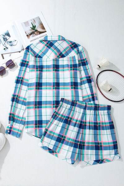 Plaid Button Down Long Sleeve Shirt and Shorts Lounge Set - Amexza