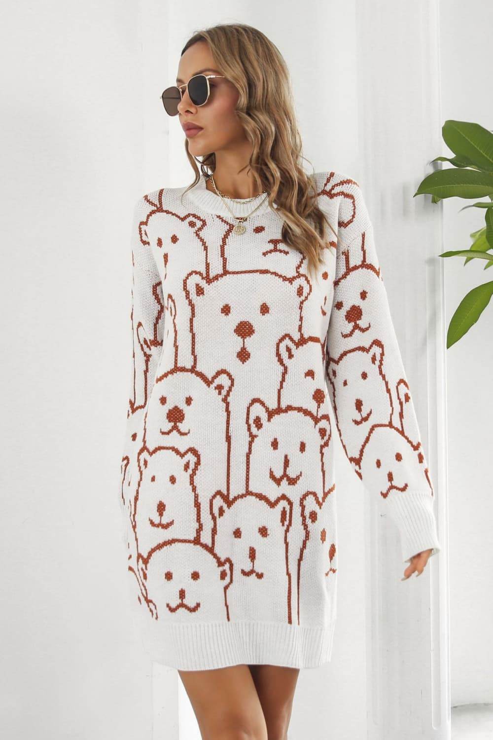 Bear Pattern Round Neck Sweater Dress White for a perfect OOTD – dress to impress outfits from Amexza