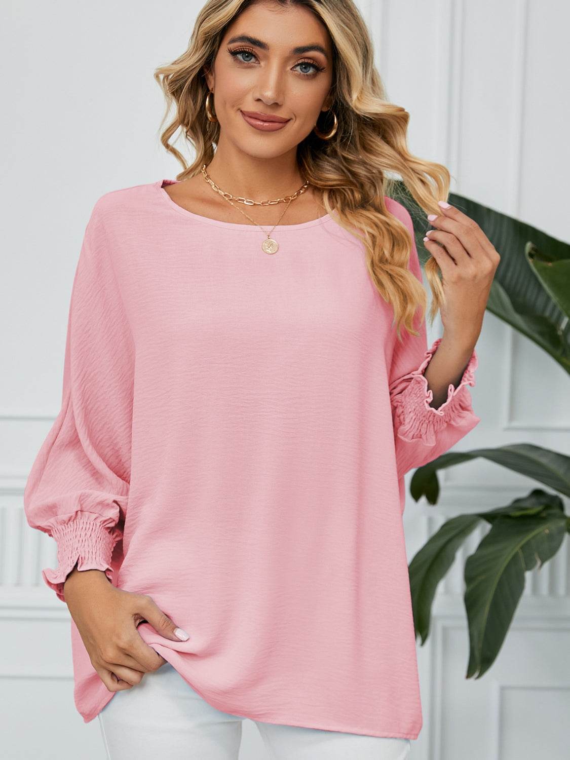 Smocked Lantern Sleeve Round Neck Blouse Blush Pink for a perfect OOTD – dress to impress outfits from Amexza