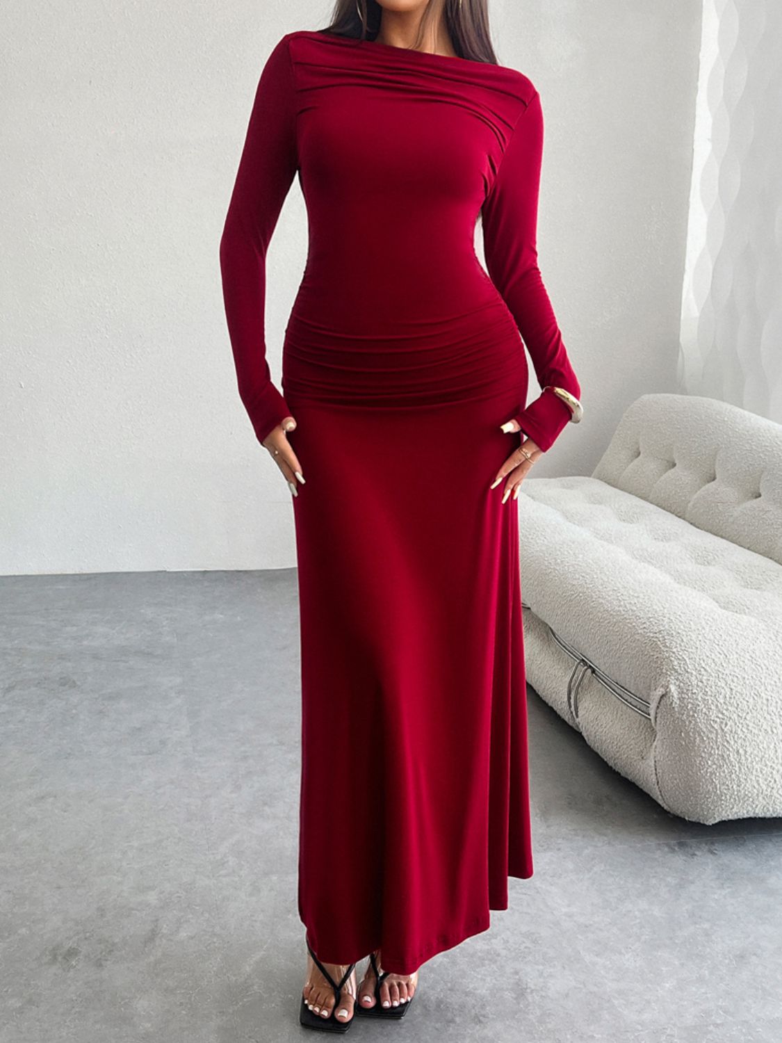 Devine Ruched Long Sleeve Maxi Dress - Scarlet / S