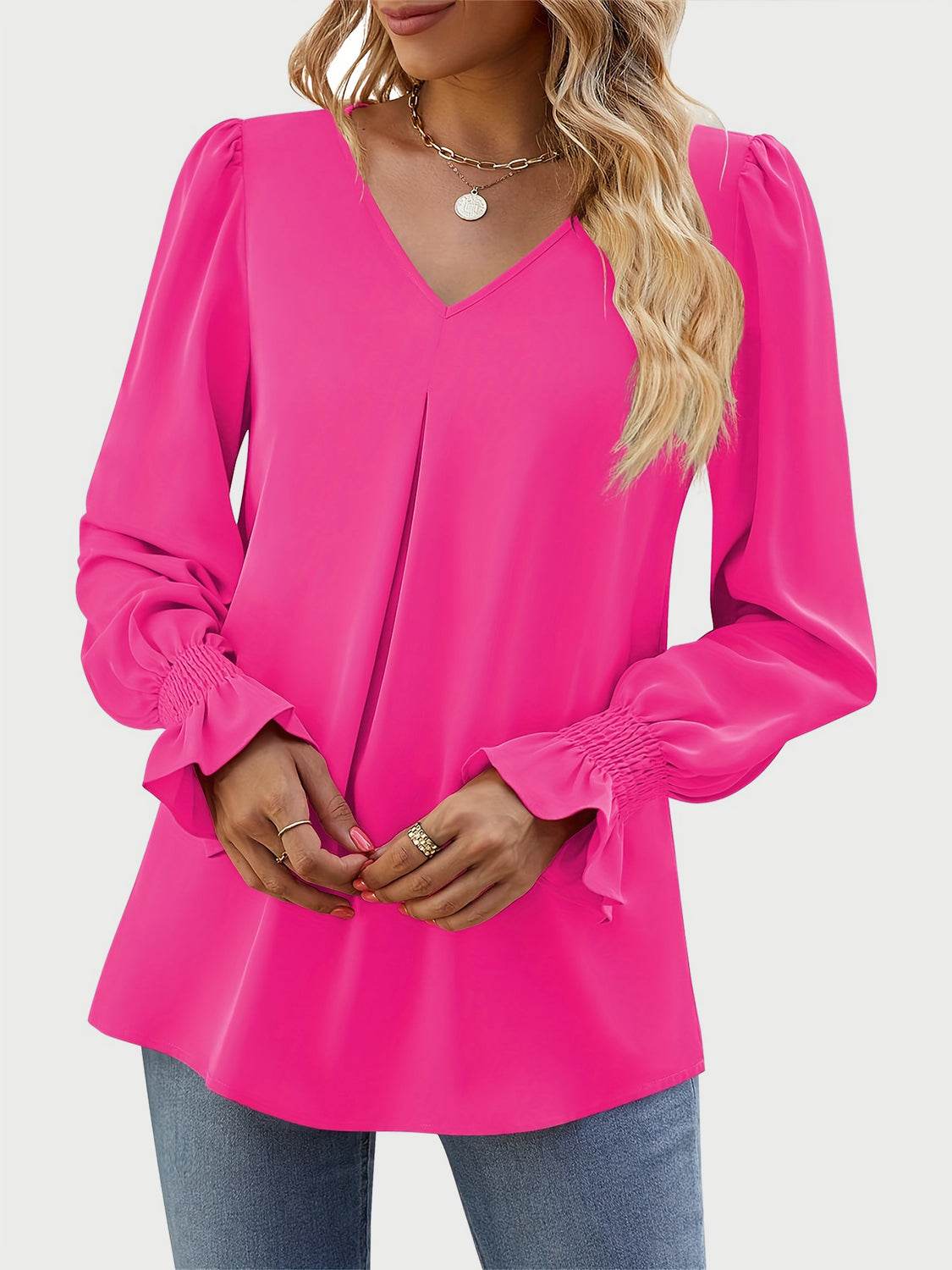 V-Neck Flounce Sleeve Top Hot Pink for a perfect OOTD – dress to impress outfits from Amexza