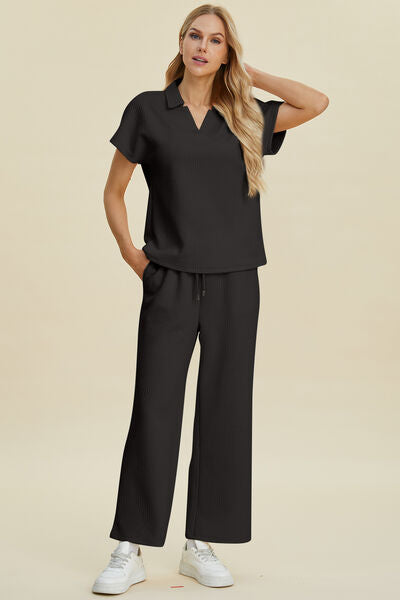 Double Take Full Size Collared Neck Short Sleeve Top and Pants Set for a perfect OOTD – dress to impress outfits from Amexza