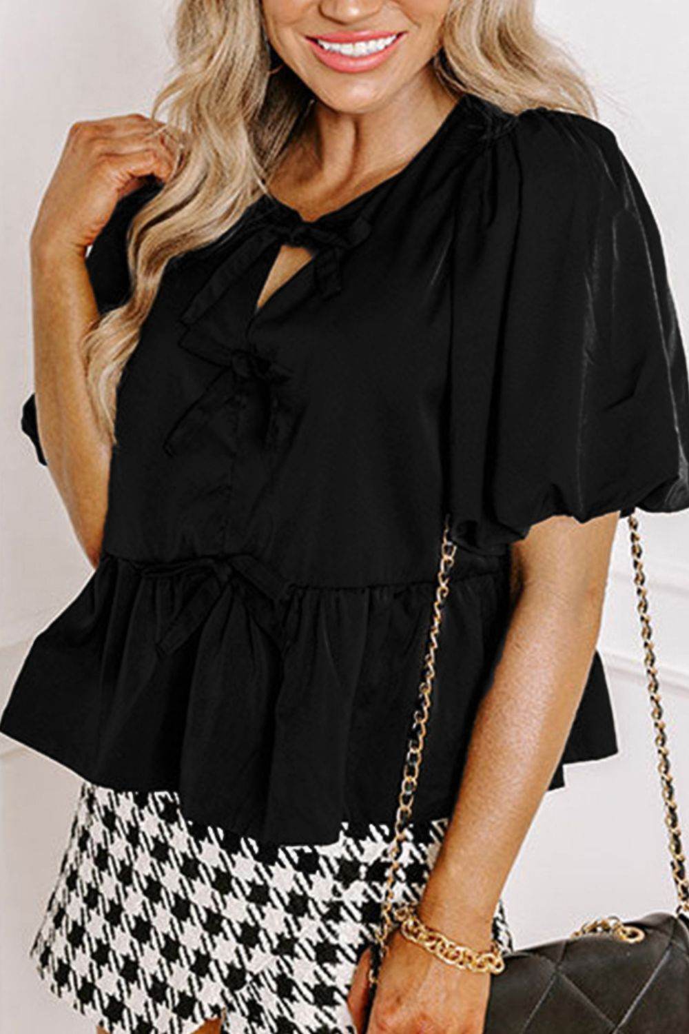 Cutout Round Neck Puff Sleeve Blouse for a perfect OOTD – dress to impress outfits from Amexza