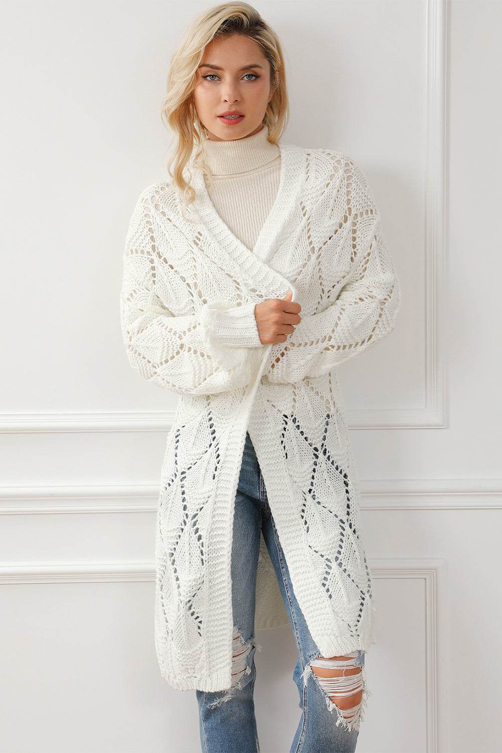 Openwork Open Front Dropped Shoulder Cardigan White for a perfect OOTD – dress to impress outfits from Amexza