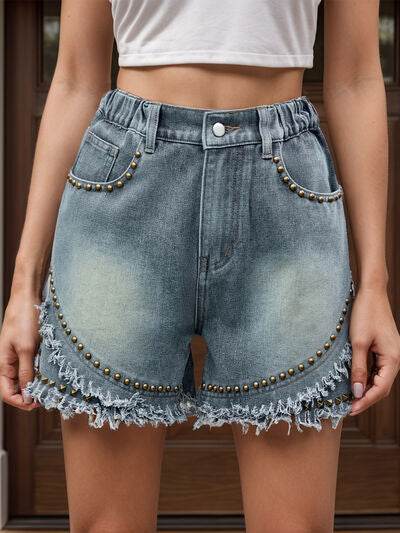 Raw Hem Studded Denim Shorts Air Force Blue for a perfect OOTD – dress to impress outfits from Amexza