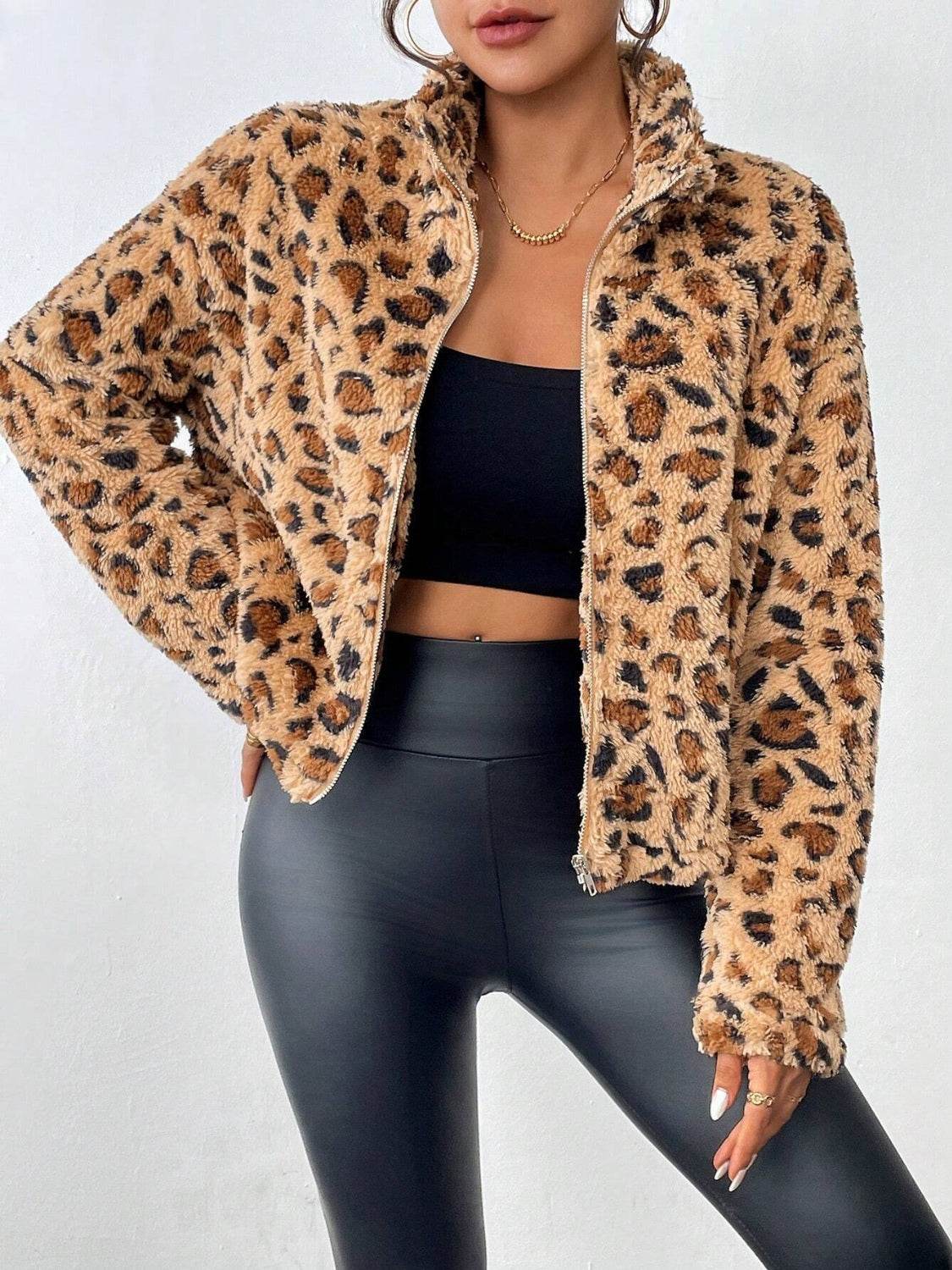 Fuzzy Turtleneck Leopard Zip Up Jacket for a perfect OOTD – dress to impress outfits from Amexza