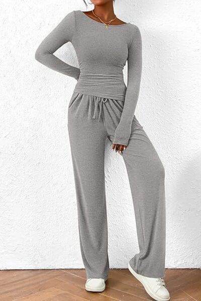 Round Neck Long Sleeve Top and Pants Set - Amexza