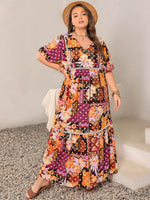 Plus Size Printed V-Neck Half Sleeve Maxi Dress - Amexza