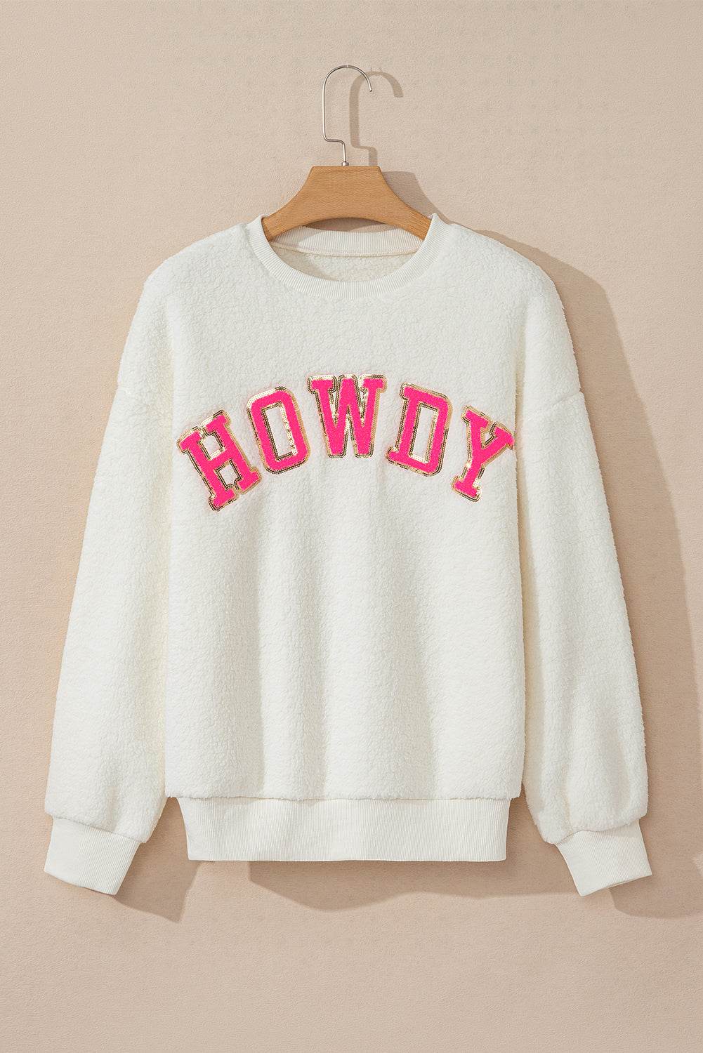 HOWDY Patched Round Neck Sherpa Sweatshirt - Amexza