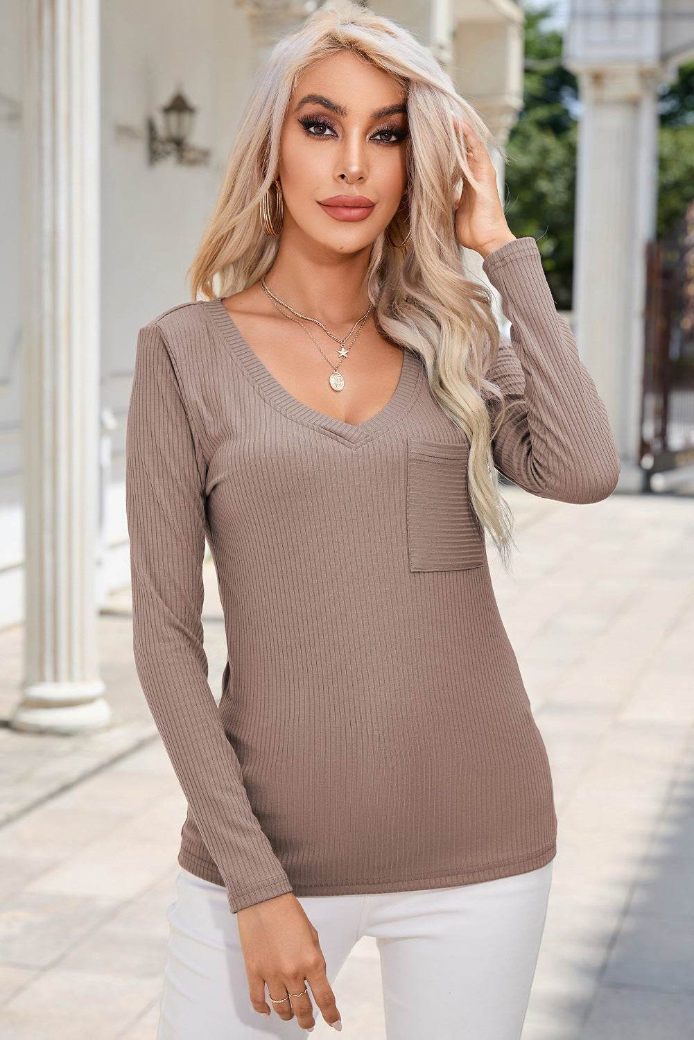 Ribbed V-Neck Long Sleeve Blouse with Pocket for a perfect OOTD – dress to impress outfits from Amexza