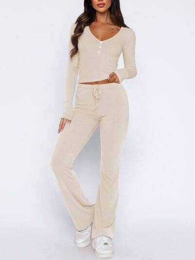 V-Neck Long Sleeve Top and Pants Set - Amexza