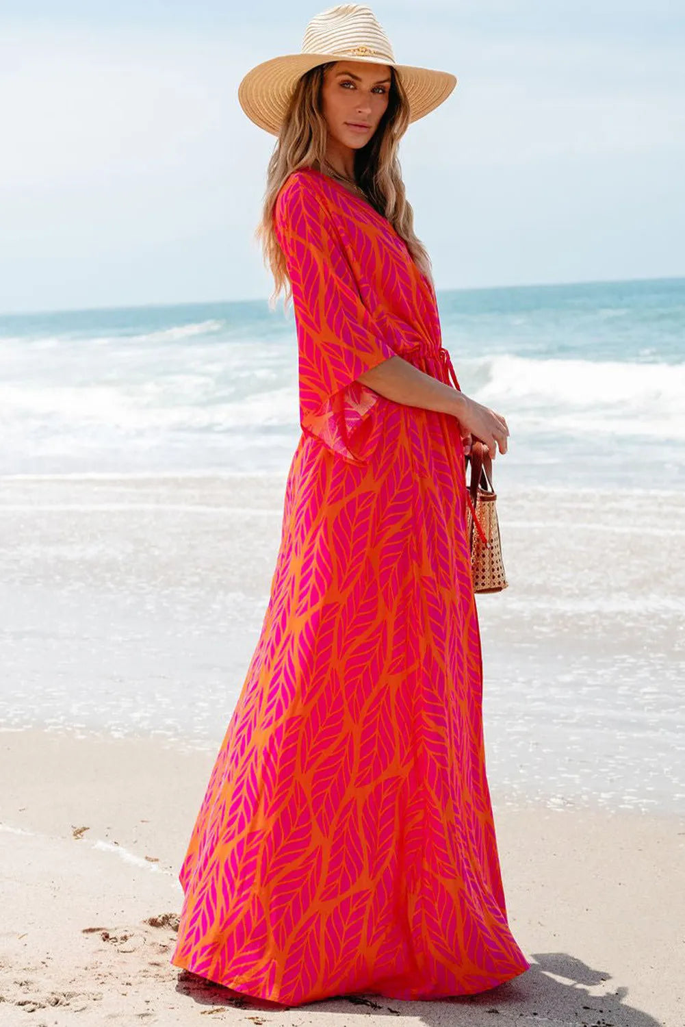 Drawstring Printed V-Neck Maxi Dress