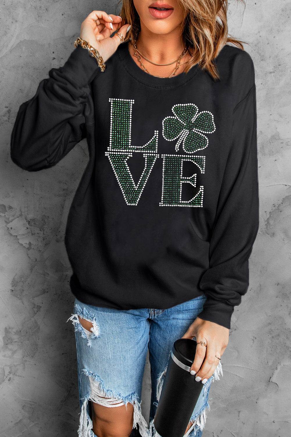 LOVE Rhinestone Clover Round Neck Sweatshirt for a perfect OOTD – dress to impress outfits from Amexza