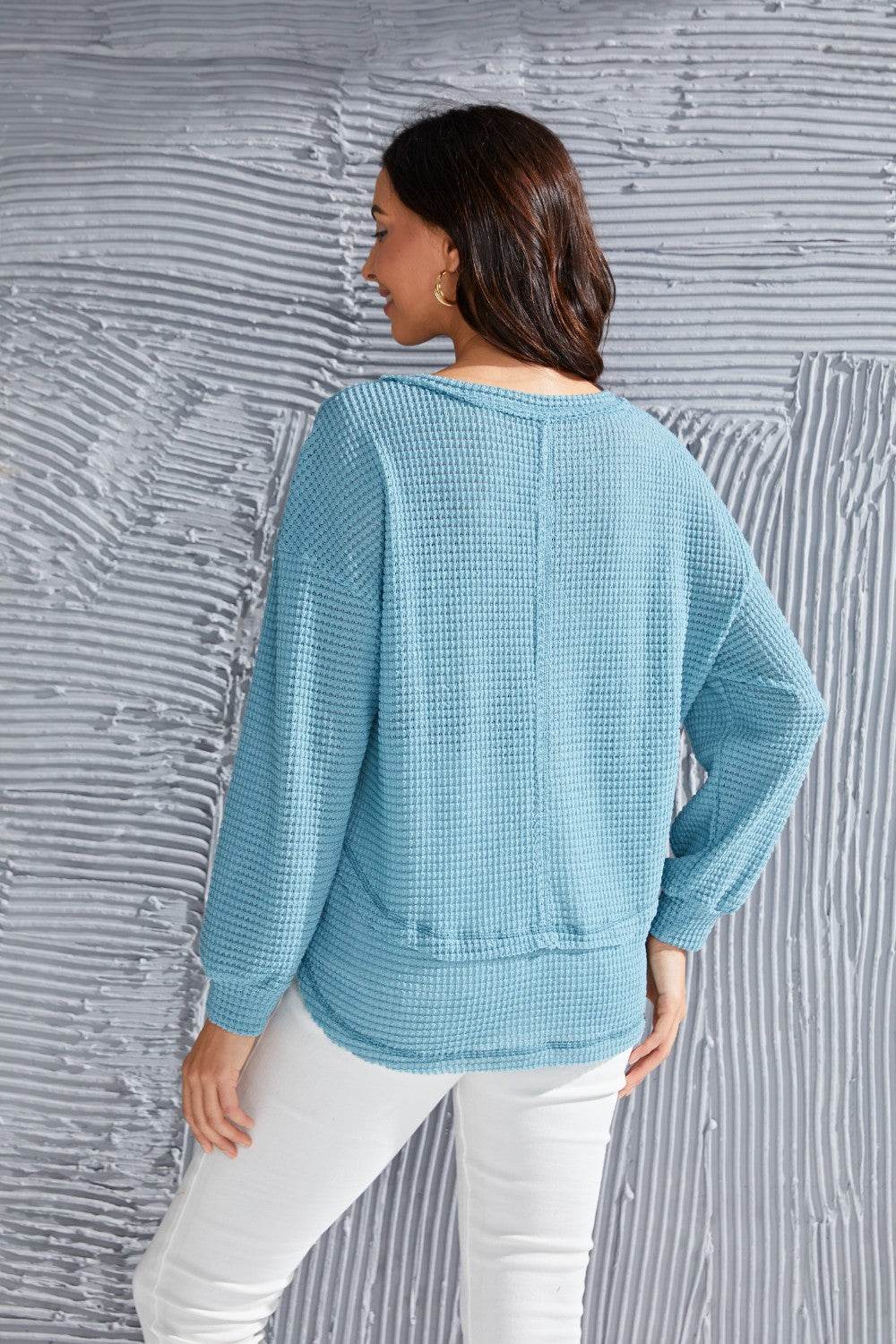 Waffle-Knit V-Neck Blouse with Breast Pocket - Amexza