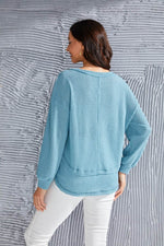 Waffle-Knit V-Neck Blouse with Breast Pocket - Amexza