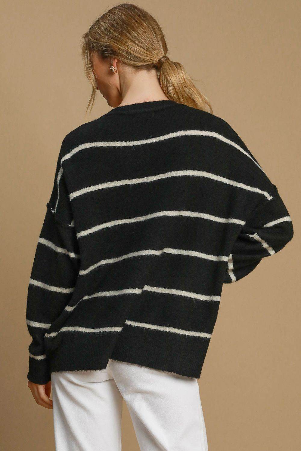 Umgee Wool Blend Striped Round Neck Sweater - Amexza