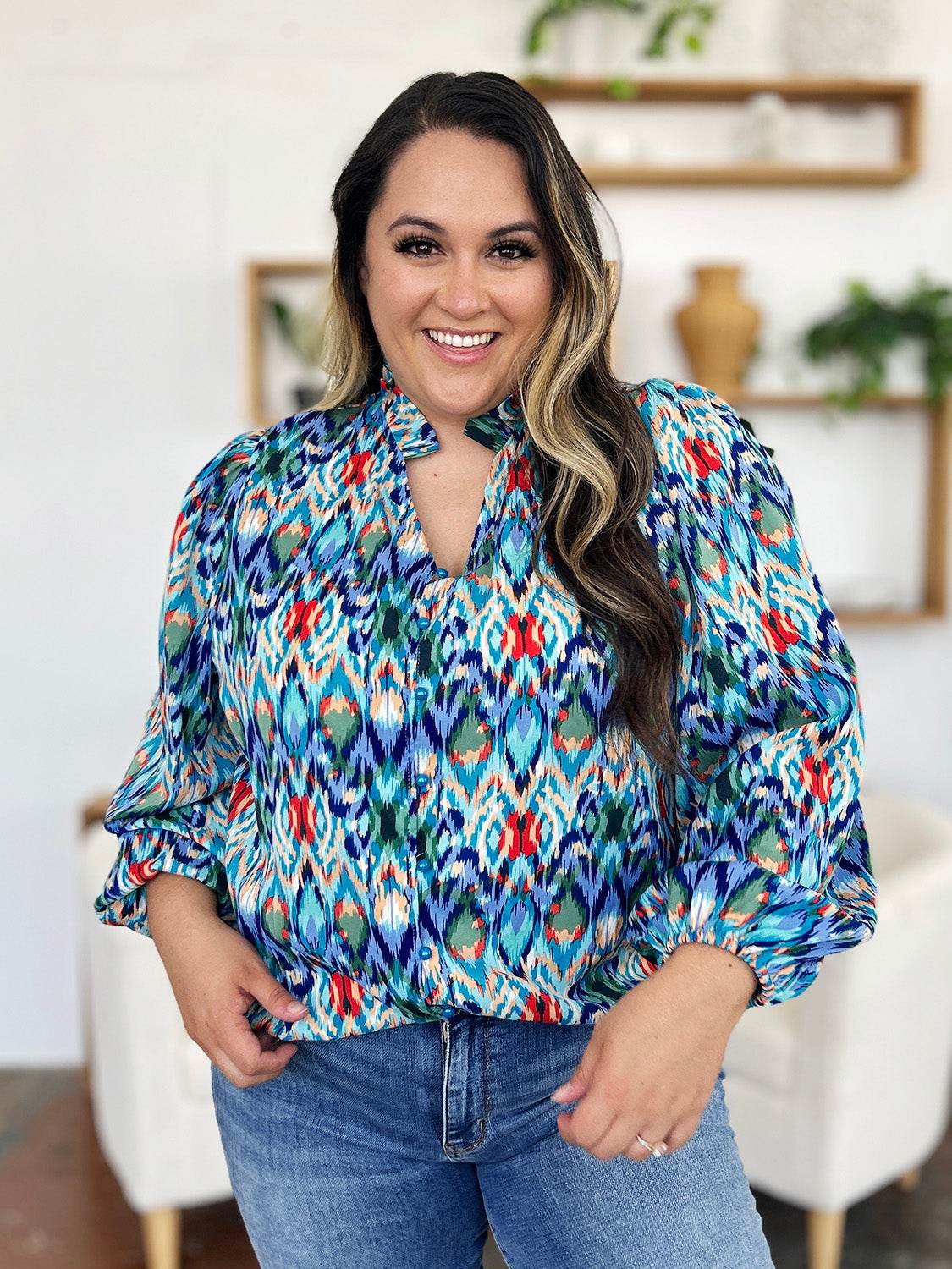 Double Take Full Size Printed Balloon Sleeve Blouse for a perfect OOTD – dress to impress outfits from Amexza