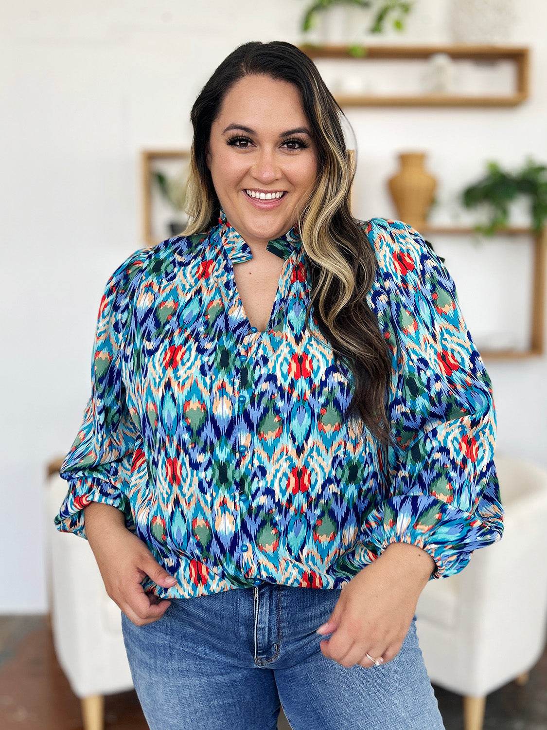 Double Take Full Size Printed Balloon Sleeve Blouse - Amexza
