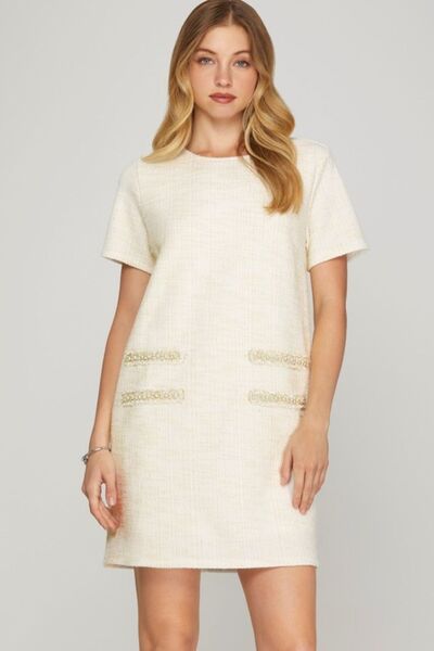 She + Sky Full Size Short Sleeve Pearl Studded Trim Knit Tweed Dress Plus Size Ivory for a perfect OOTD – dress to impress outfits from Amexza