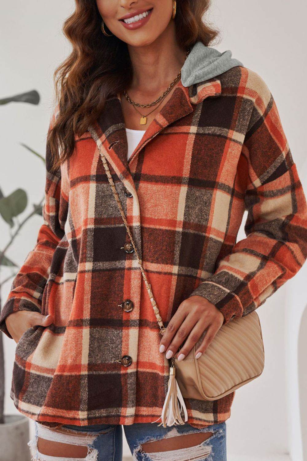 Plaid Button Up Hooded Shacket for a perfect OOTD – dress to impress outfits from Amexza