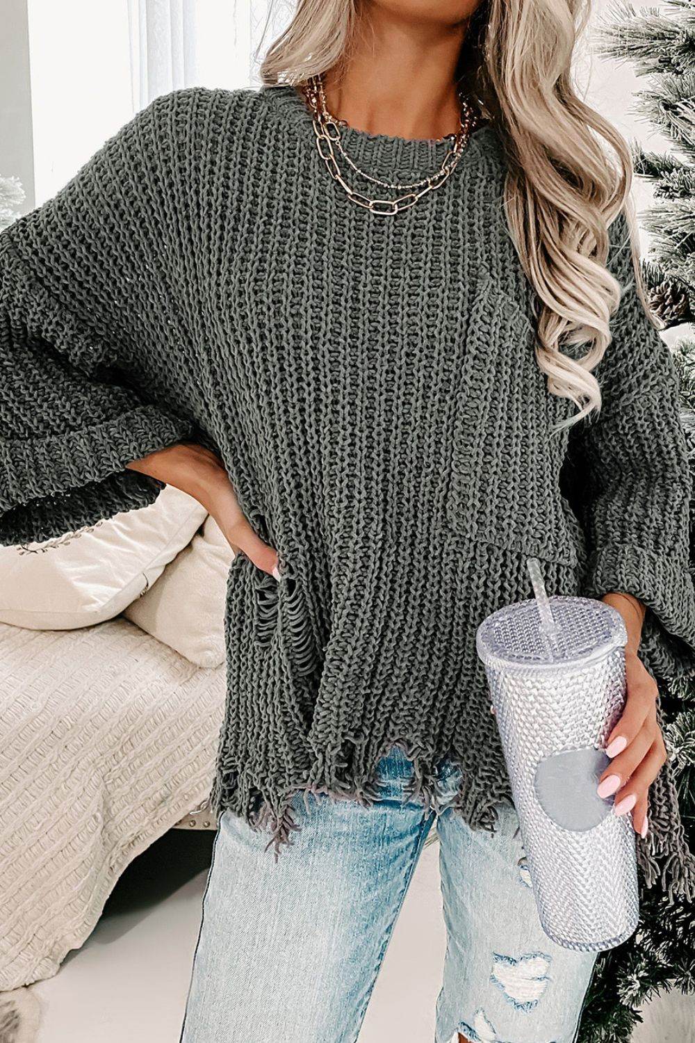 Distressed Round Neck Drop Shoulder Sweater for a perfect OOTD – dress to impress outfits from Amexza