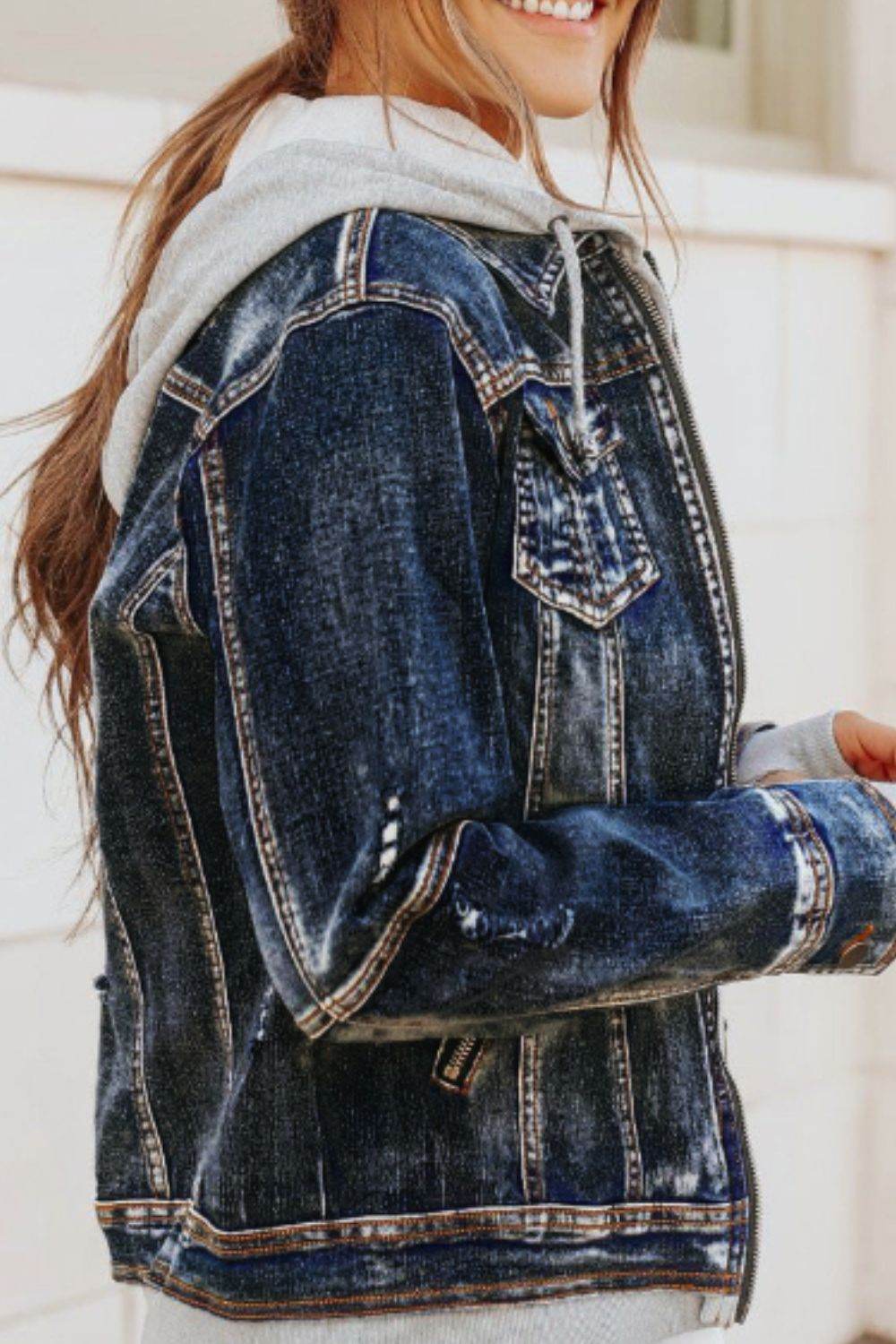 Fake Two-Piece Hooded Zip-Up Denim Jacket for a perfect OOTD – dress to impress outfits from Amexza