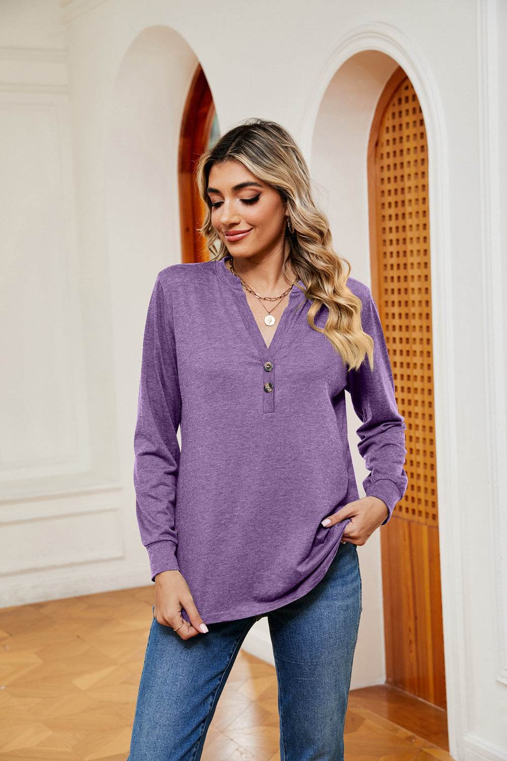 Buttoned Notched Neck Long Sleeve Top for a perfect OOTD – dress to impress outfits from Amexza