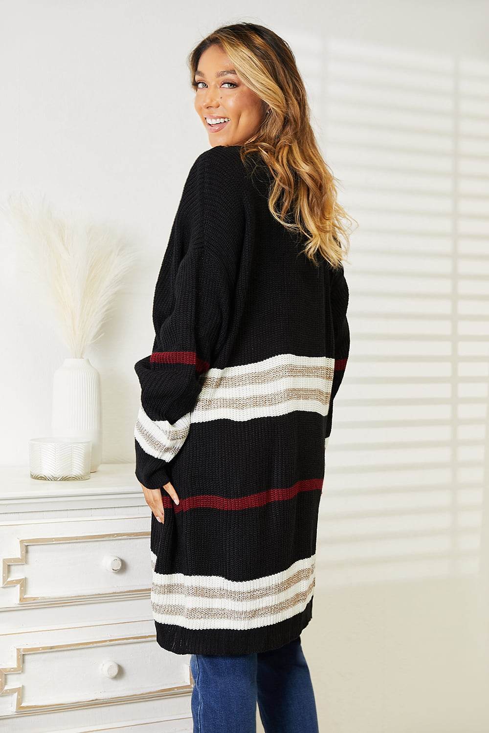 Perfee Striped Rib-Knit Drop Shoulder Open Front Cardigan - Amexza