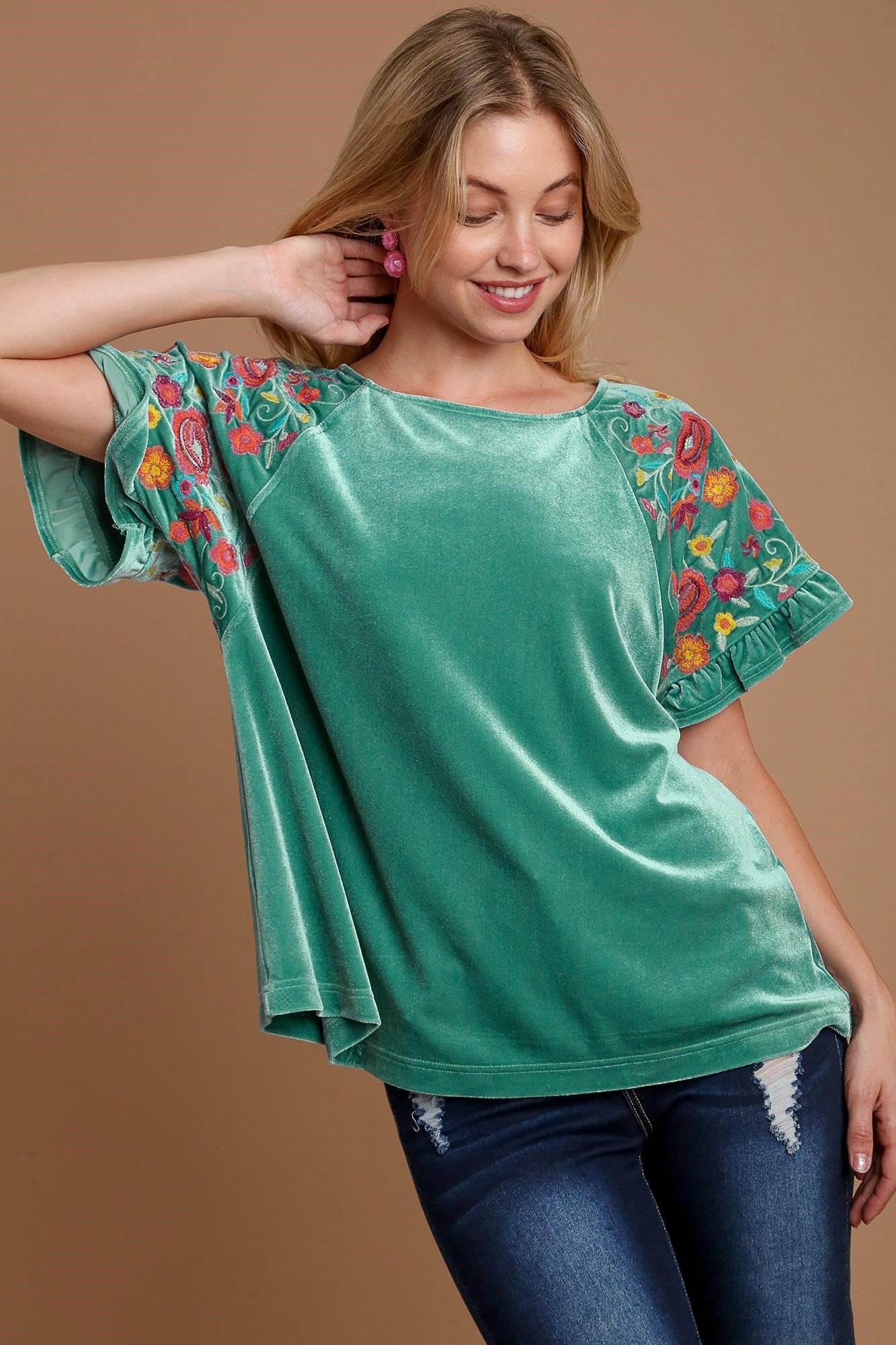 Umgee Velvet Embroidery Short Sleeve Blouse Turquoise for a perfect OOTD – dress to impress outfits from Amexza