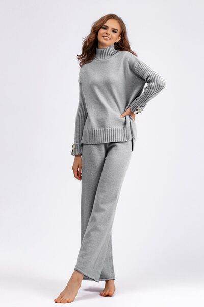 Basic Bae High- Low Turtleneck Long Sleeve Top and Pants Sweater Set Gray One Size for a perfect OOTD – dress to impress outfits from Amexza