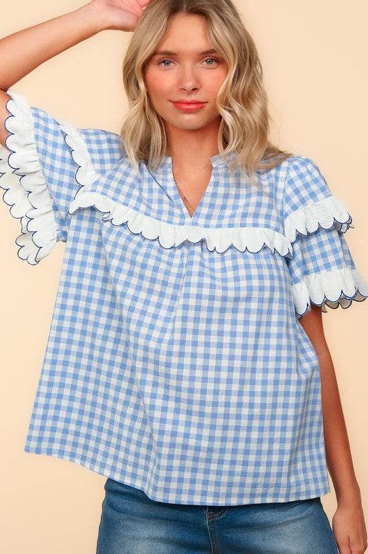 Haptics Full Size Plaid Scallop Hem Notched Short Sleeve Blouse for a perfect OOTD – dress to impress outfits from Amexza