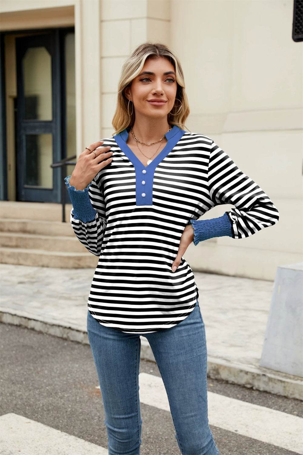 Contrast Striped Notched Long Sleeve Top for a perfect OOTD – dress to impress outfits from Amexza