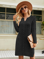 Notched Neck Cable-Knit Slit Sweater Dress Black for a perfect OOTD – dress to impress outfits from Amexza