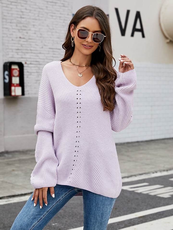 Openwork Dropped Shoulder Long Sleeve Sweater Carnation Pink for a perfect OOTD – dress to impress outfits from Amexza