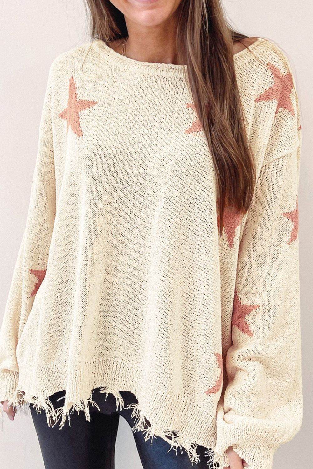 Contrast Star Raw Hem Long Sleeve Knit Top - Amexza