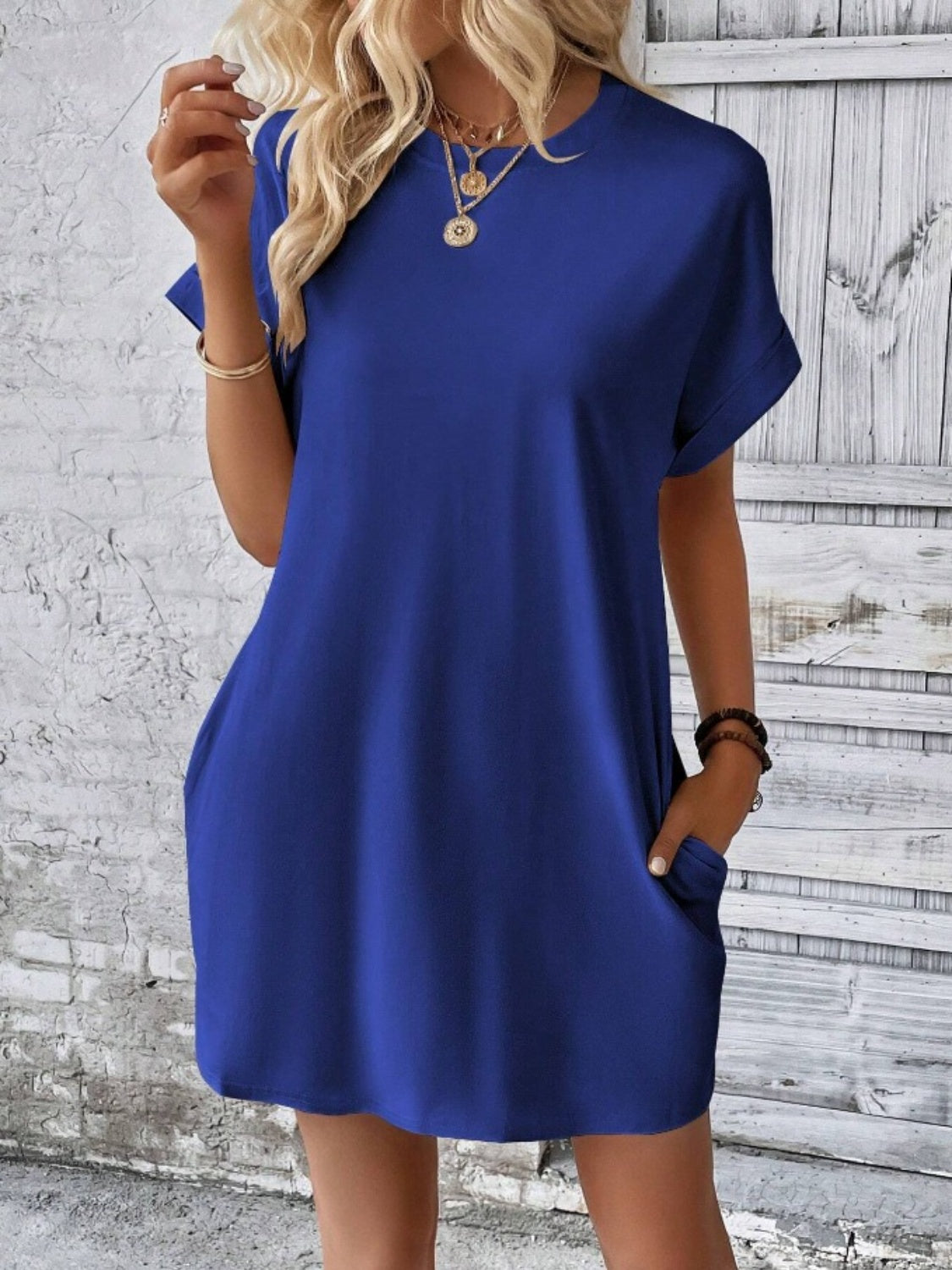 Pocketed Round Neck Short Sleeve Dress - Dark Blue / S