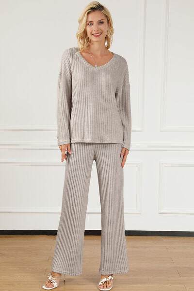 Ribbed V-Neck Top and Pants Lounge Set Light Gray for a perfect OOTD – dress to impress outfits from Amexza