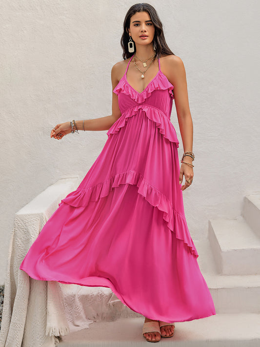 Ruffled Halter Neck Maxi Dress - Hot Pink / S