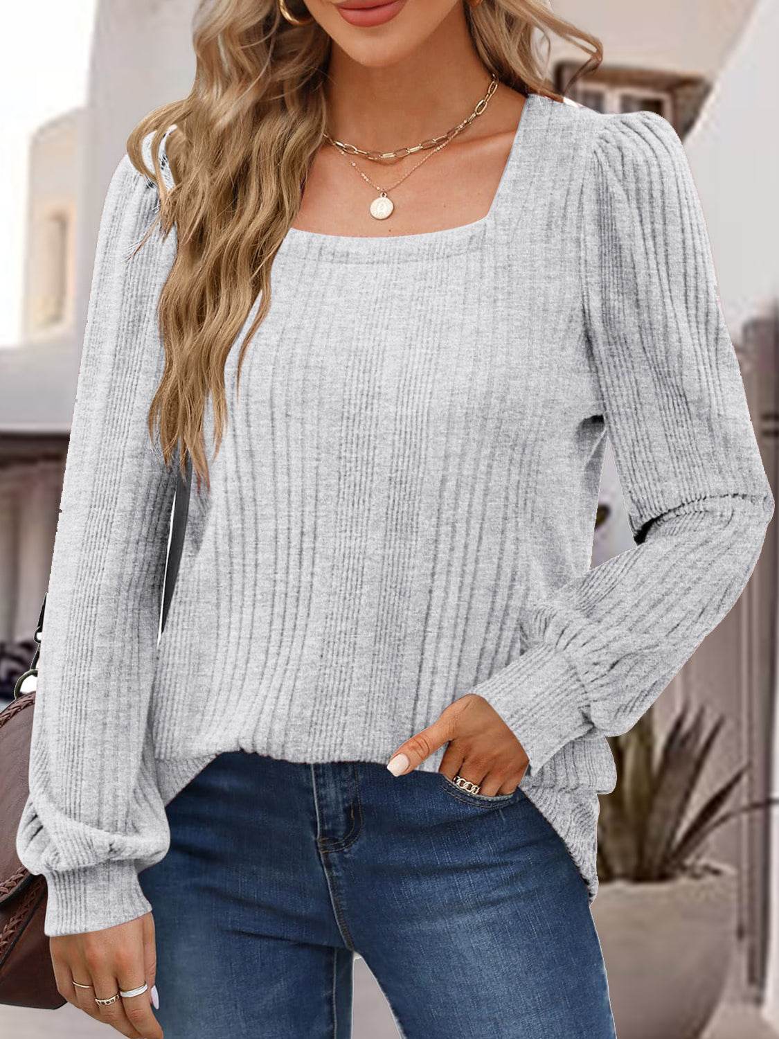 Square Neck Long Sleeve Top Light Gray for a perfect OOTD – dress to impress outfits from Amexza