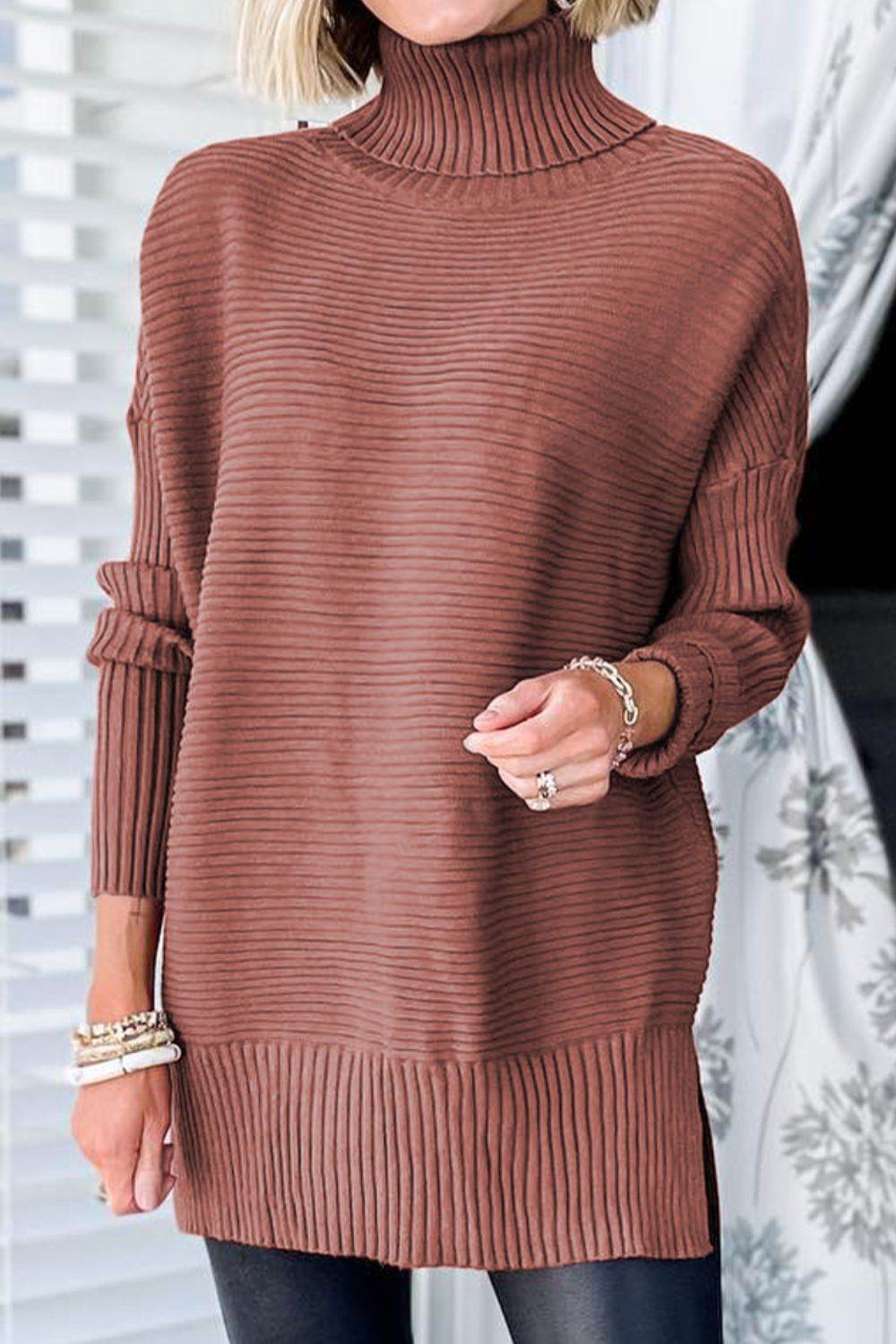 Ribbed Turtleneck Dropped Shoulder Pullover Sweater Brick Red for a perfect OOTD – dress to impress outfits from Amexza