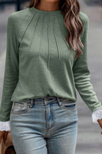 Lace Detail Round Neck Long Sleeve T-Shirt - Amexza