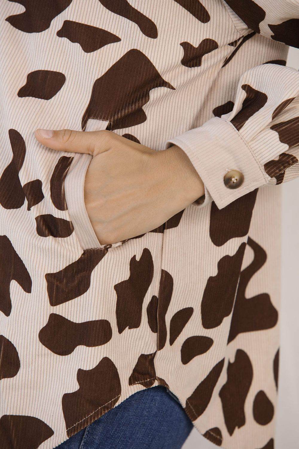 Cow Print Button Up Corduroy Shacket for a perfect OOTD – dress to impress outfits from Amexza