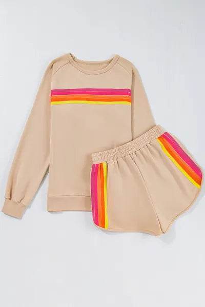 Full Size Contrast Striped Round Neck Top and Shorts Set Tan for a perfect OOTD – dress to impress outfits from Amexza