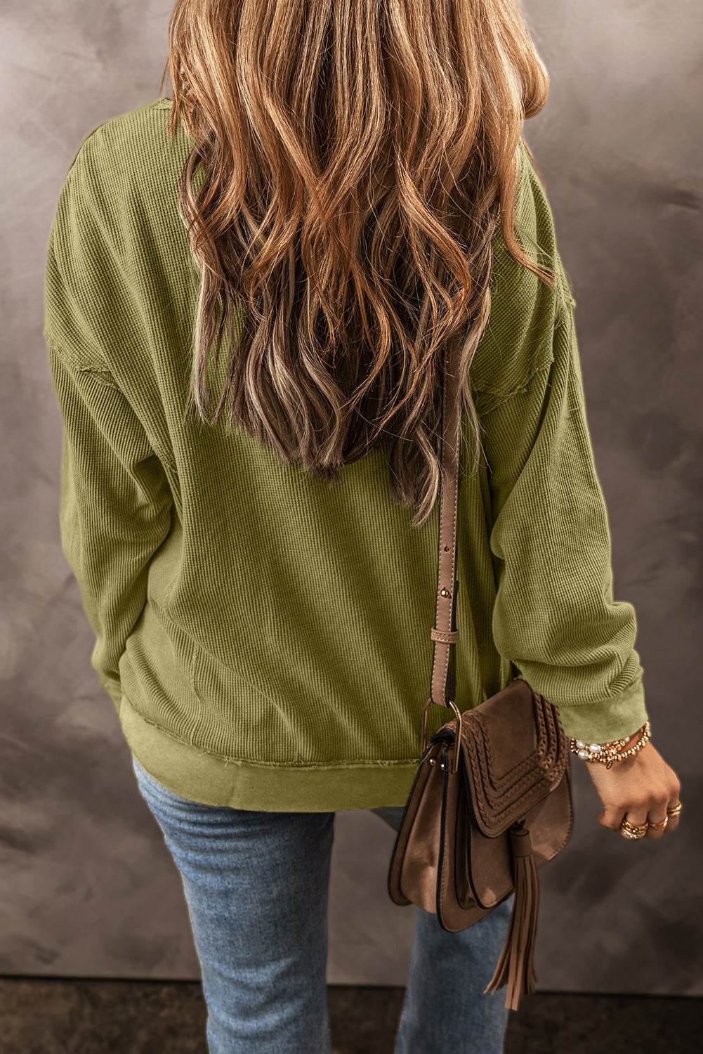 Textured Round Neck Long Sleeve Sweatshirt - Amexza