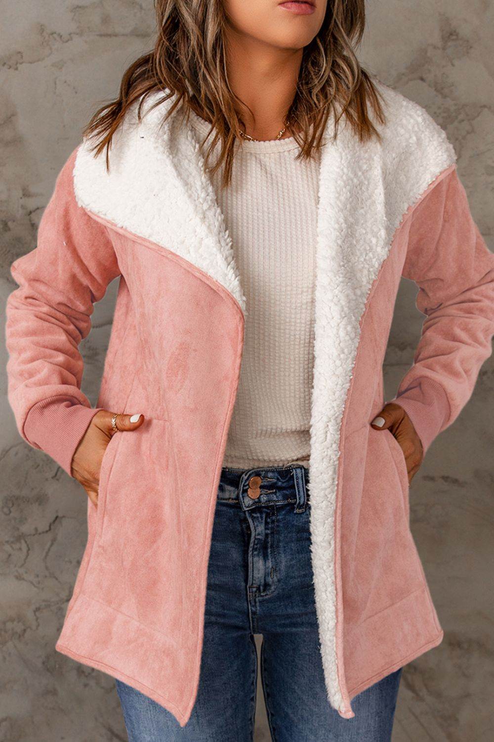 Open Front Long Sleeve Sherpa Jacket for a perfect OOTD – dress to impress outfits from Amexza