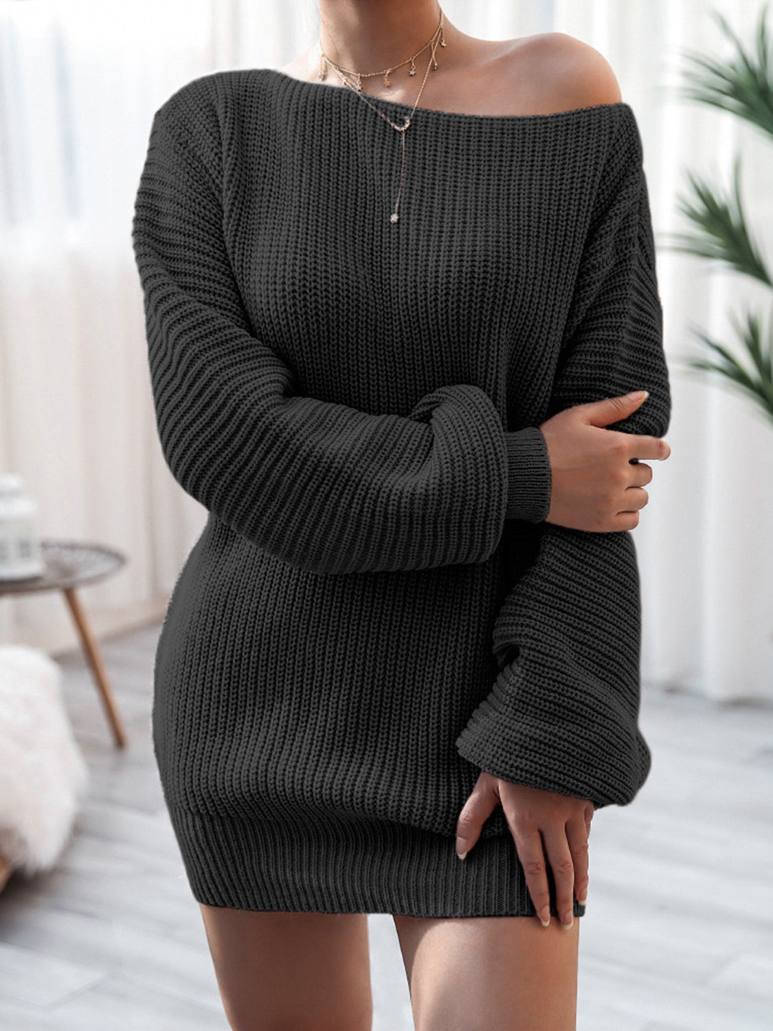 Rib-Knit Mini Sweater Dress - Black / S