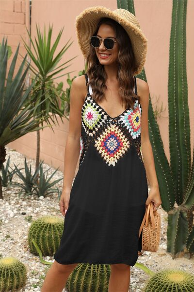 Geometric V-Neck Spaghetti Strap Cover Up Dress Black One Size for a perfect OOTD – dress to impress outfits from Amexza